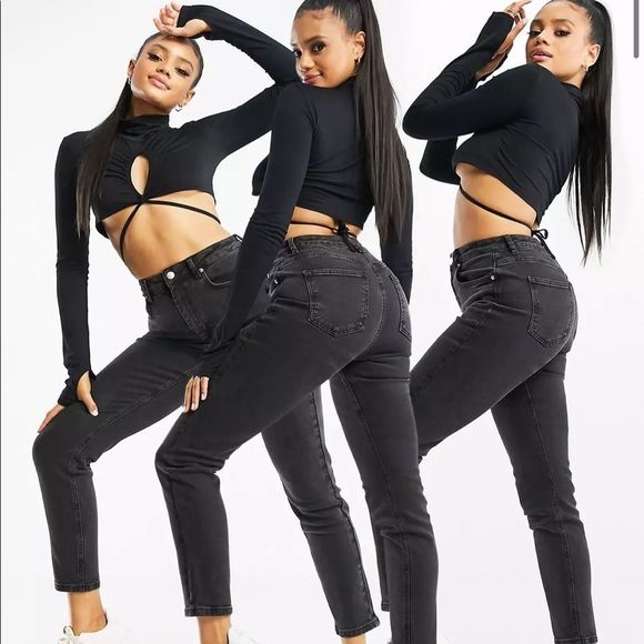 ASOS DESIGN Hourglass high rise farleigh 'slim' mom jeans in washed black - Picture 1 of 10